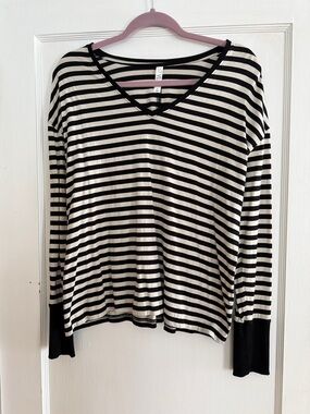 Stylus Striped V-Neck Long Sleeve Top - Black & White